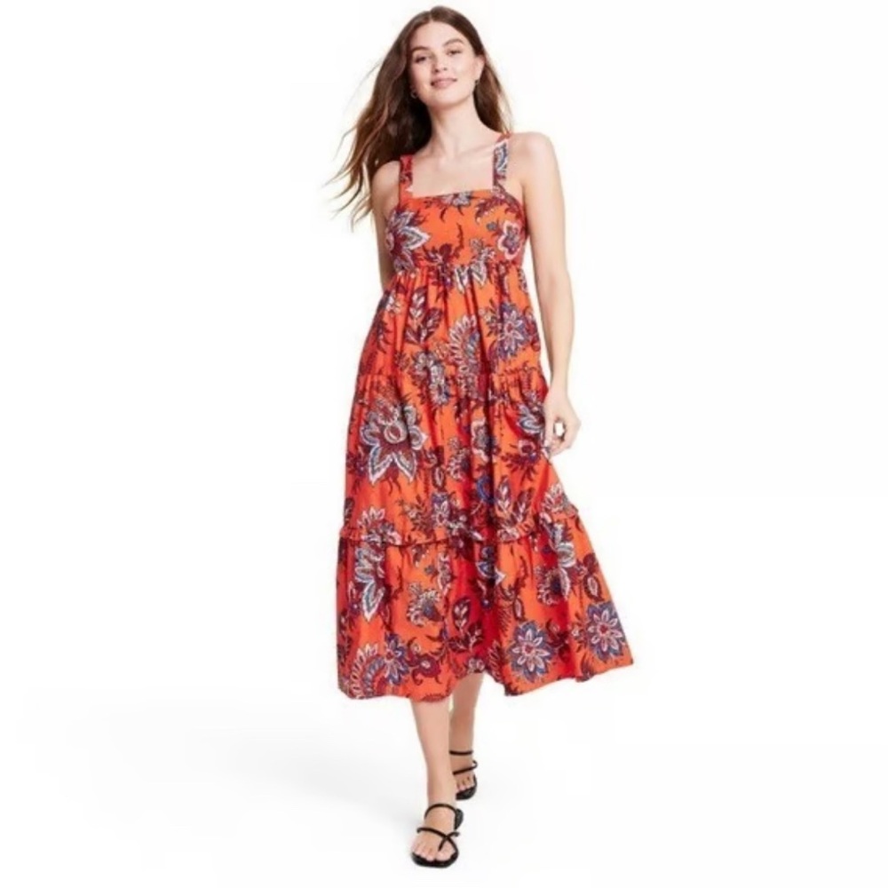 RHODE Target Large Leafy Floral Print Tiered Midi Dress Size XS